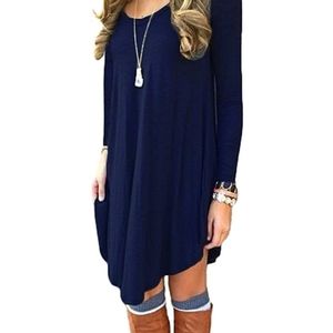 Long Sleeve Casual Loose T-shirt Dress Navy Blue